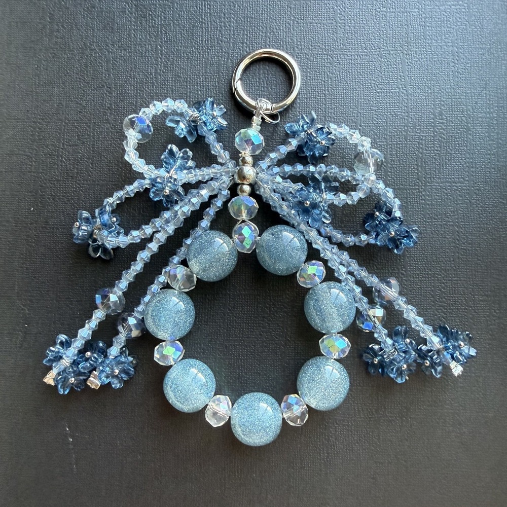 Enchanted Blue Garden Phone Wristlet Keychain Glass Beaded Floral Charm Handmade